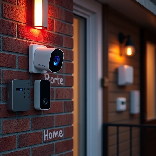 wireless doorbell with camera on brick home,ai security camera scanning for movement,flashing red home security alert light at night,security keypad on modern apartment wall,connected smart home with multiple sensors