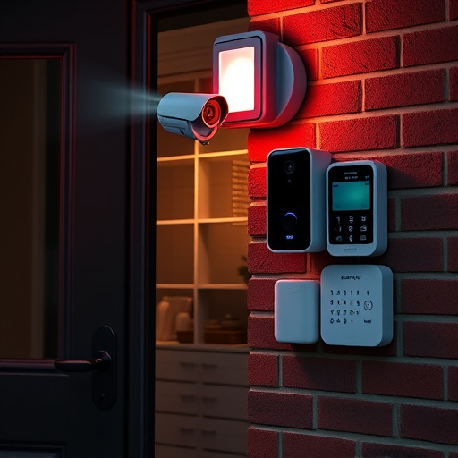 wireless doorbell with camera on brick home,ai security camera scanning for movement,flashing red home security alert light at night,security keypad on modern apartment wall,connected smart home with multiple sensors