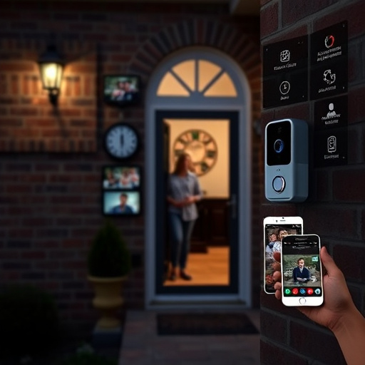 wireless doorbell with camera on brick home,home monitoring control room with multiple screens,doorbell camera recording visitor at night,sensor alert notification on homeowner’s phone,flashing red home security alert light at night