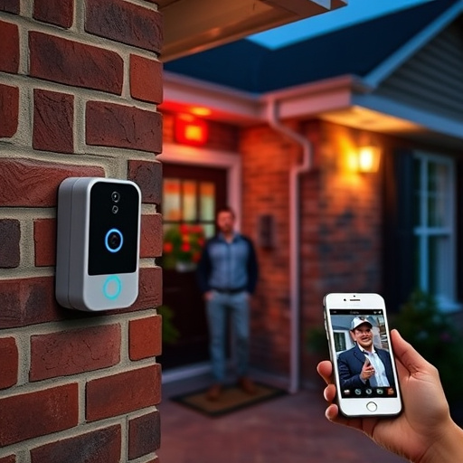 wireless doorbell with camera on brick home,home monitoring control room with multiple screens,doorbell camera recording visitor at night,sensor alert notification on homeowner’s phone,flashing red home security alert light at night