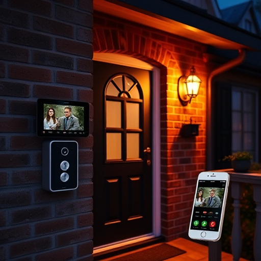 wireless doorbell with camera on brick home,home monitoring control room with multiple screens,doorbell camera recording visitor at night,sensor alert notification on homeowner’s phone,flashing red home security alert light at night