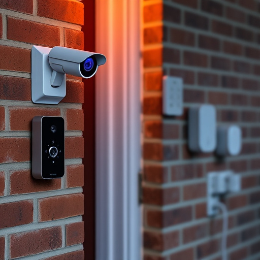 wireless doorbell with camera on brick home,ai security camera scanning for movement,flashing red home security alert light at night,security keypad on modern apartment wall,connected smart home with multiple sensors
