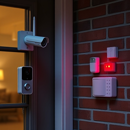 wireless doorbell with camera on brick home,ai security camera scanning for movement,flashing red home security alert light at night,security keypad on modern apartment wall,connected smart home with multiple sensors