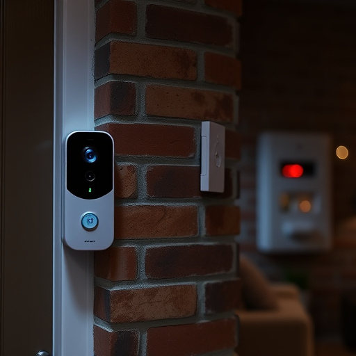 wireless doorbell with camera on brick home,ai security camera scanning for movement,flashing red home security alert light at night,security keypad on modern apartment wall,connected smart home with multiple sensors
