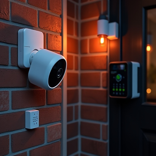 wireless doorbell with camera on brick home,ai security camera scanning for movement,flashing red home security alert light at night,security keypad on modern apartment wall,connected smart home with multiple sensors
