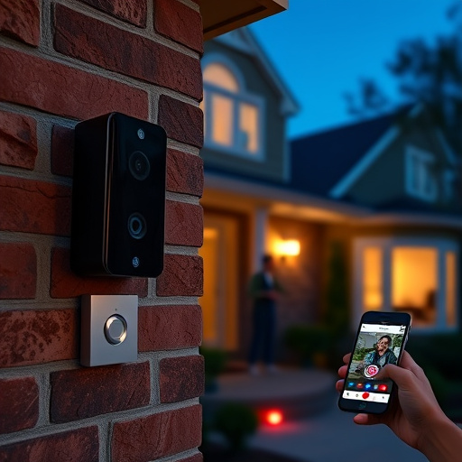 wireless doorbell with camera on brick home,home monitoring control room with multiple screens,doorbell camera recording visitor at night,sensor alert notification on homeowner’s phone,flashing red home security alert light at night