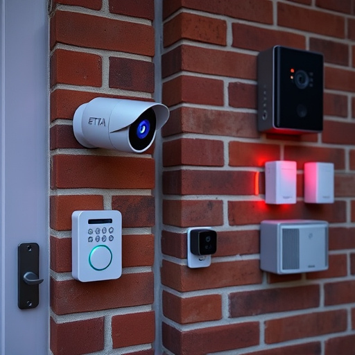 wireless doorbell with camera on brick home,ai security camera scanning for movement,flashing red home security alert light at night,security keypad on modern apartment wall,connected smart home with multiple sensors