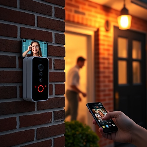 wireless doorbell with camera on brick home,home monitoring control room with multiple screens,doorbell camera recording visitor at night,sensor alert notification on homeowner’s phone,flashing red home security alert light at night