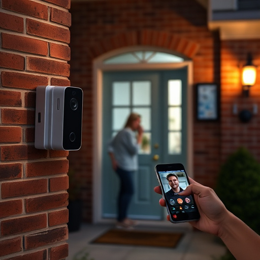 wireless doorbell with camera on brick home,home monitoring control room with multiple screens,doorbell camera recording visitor at night,sensor alert notification on homeowner’s phone,flashing red home security alert light at night