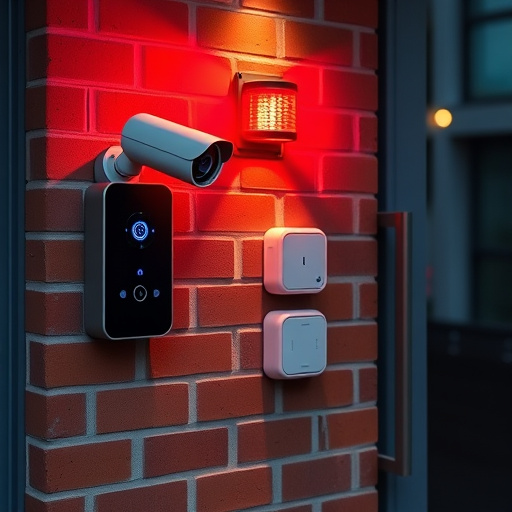 wireless doorbell with camera on brick home,ai security camera scanning for movement,flashing red home security alert light at night,security keypad on modern apartment wall,connected smart home with multiple sensors
