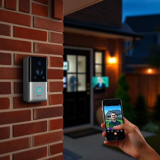 wireless doorbell with camera on brick home,home monitoring control room with multiple screens,doorbell camera recording visitor at night,sensor alert notification on homeowner’s phone,flashing red home security alert light at night