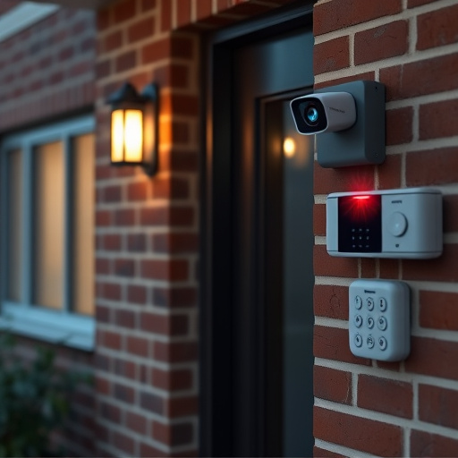wireless doorbell with camera on brick home,ai security camera scanning for movement,flashing red home security alert light at night,security keypad on modern apartment wall,connected smart home with multiple sensors