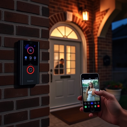 wireless doorbell with camera on brick home,home monitoring control room with multiple screens,doorbell camera recording visitor at night,sensor alert notification on homeowner’s phone,flashing red home security alert light at night