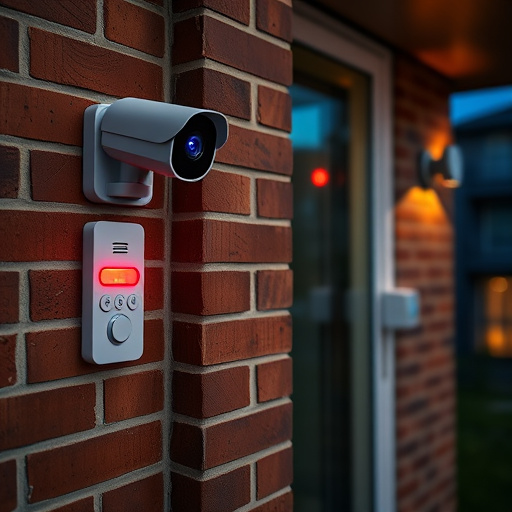wireless doorbell with camera on brick home,ai security camera scanning for movement,flashing red home security alert light at night,security keypad on modern apartment wall,connected smart home with multiple sensors