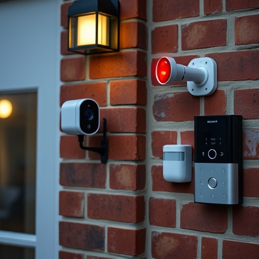 wireless doorbell with camera on brick home,ai security camera scanning for movement,flashing red home security alert light at night,security keypad on modern apartment wall,connected smart home with multiple sensors