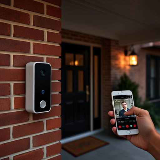 wireless doorbell with camera on brick home,home monitoring control room with multiple screens,doorbell camera recording visitor at night,sensor alert notification on homeowner’s phone,flashing red home security alert light at night