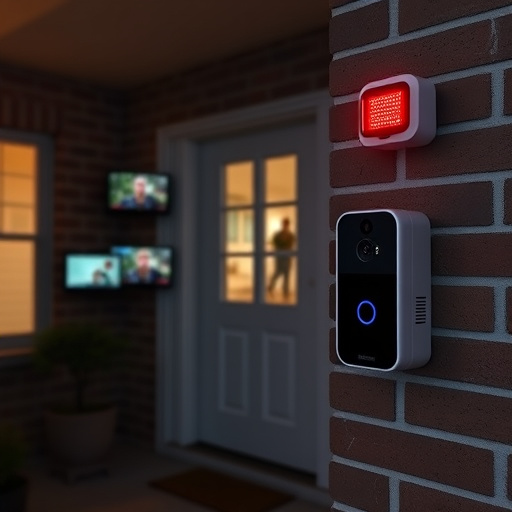 wireless doorbell with camera on brick home,home monitoring control room with multiple screens,doorbell camera recording visitor at night,sensor alert notification on homeowner’s phone,flashing red home security alert light at night