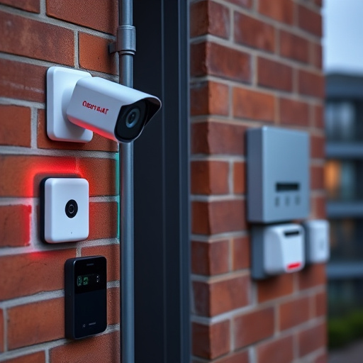 wireless doorbell with camera on brick home,ai security camera scanning for movement,flashing red home security alert light at night,security keypad on modern apartment wall,connected smart home with multiple sensors