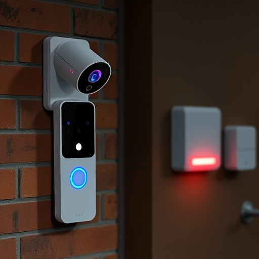 wireless doorbell with camera on brick home,ai security camera scanning for movement,flashing red home security alert light at night,security keypad on modern apartment wall,connected smart home with multiple sensors