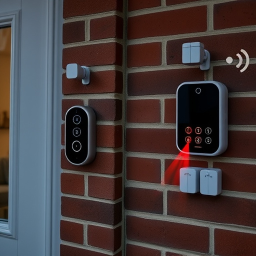wireless doorbell with camera on brick home,ai security camera scanning for movement,flashing red home security alert light at night,security keypad on modern apartment wall,connected smart home with multiple sensors