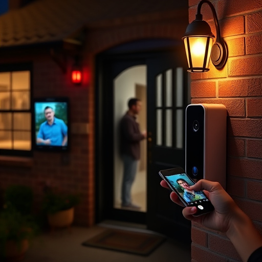wireless doorbell with camera on brick home,home monitoring control room with multiple screens,doorbell camera recording visitor at night,sensor alert notification on homeowner’s phone,flashing red home security alert light at night