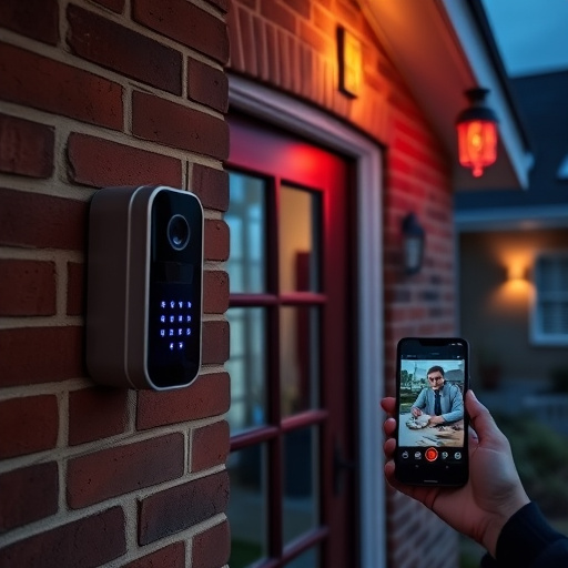 wireless doorbell with camera on brick home,home monitoring control room with multiple screens,doorbell camera recording visitor at night,sensor alert notification on homeowner’s phone,flashing red home security alert light at night