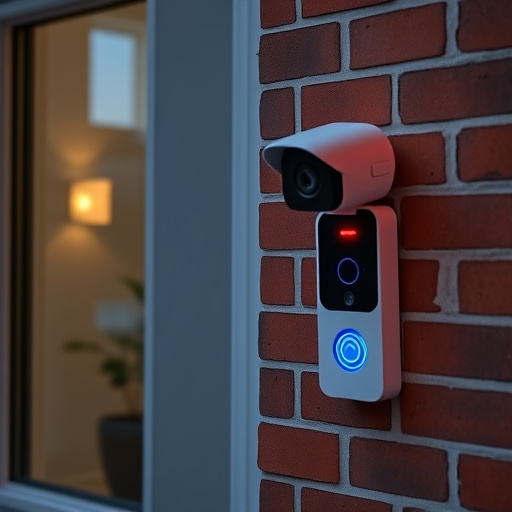 wireless doorbell with camera on brick home,ai security camera scanning for movement,flashing red home security alert light at night,security keypad on modern apartment wall,connected smart home with multiple sensors