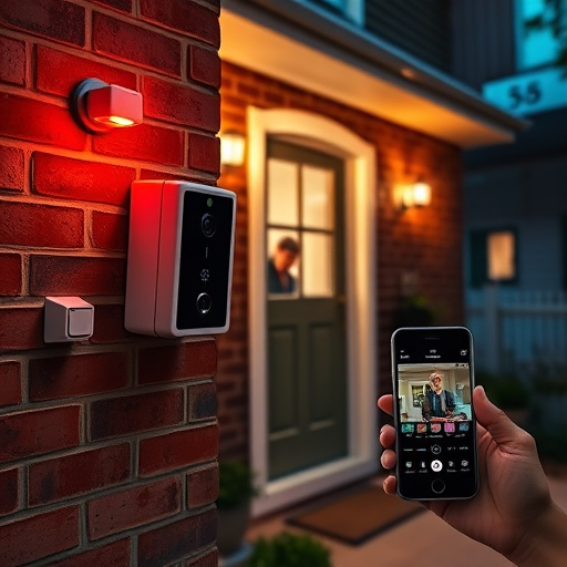 wireless doorbell with camera on brick home,home monitoring control room with multiple screens,doorbell camera recording visitor at night,sensor alert notification on homeowner’s phone,flashing red home security alert light at night