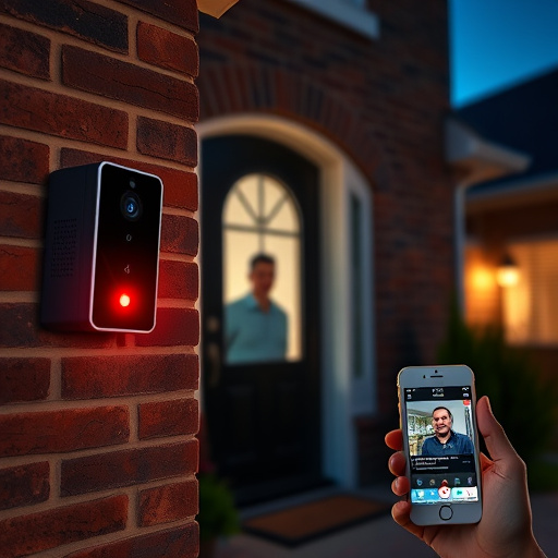 wireless doorbell with camera on brick home,home monitoring control room with multiple screens,doorbell camera recording visitor at night,sensor alert notification on homeowner’s phone,flashing red home security alert light at night