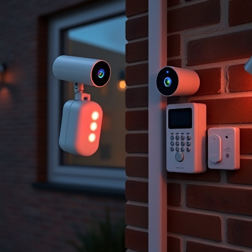wireless doorbell with camera on brick home,ai security camera scanning for movement,flashing red home security alert light at night,security keypad on modern apartment wall,connected smart home with multiple sensors