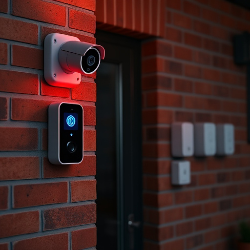 wireless doorbell with camera on brick home,ai security camera scanning for movement,flashing red home security alert light at night,security keypad on modern apartment wall,connected smart home with multiple sensors