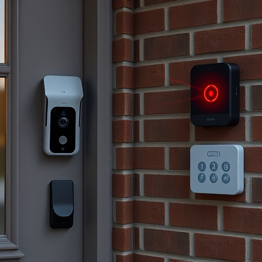 wireless doorbell with camera on brick home,ai security camera scanning for movement,flashing red home security alert light at night,security keypad on modern apartment wall,connected smart home with multiple sensors