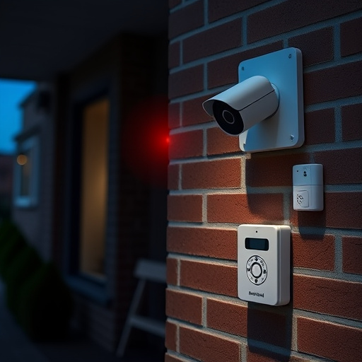 wireless doorbell with camera on brick home,ai security camera scanning for movement,flashing red home security alert light at night,security keypad on modern apartment wall,connected smart home with multiple sensors
