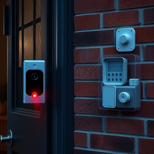wireless doorbell with camera on brick home,ai security camera scanning for movement,flashing red home security alert light at night,security keypad on modern apartment wall,connected smart home with multiple sensors