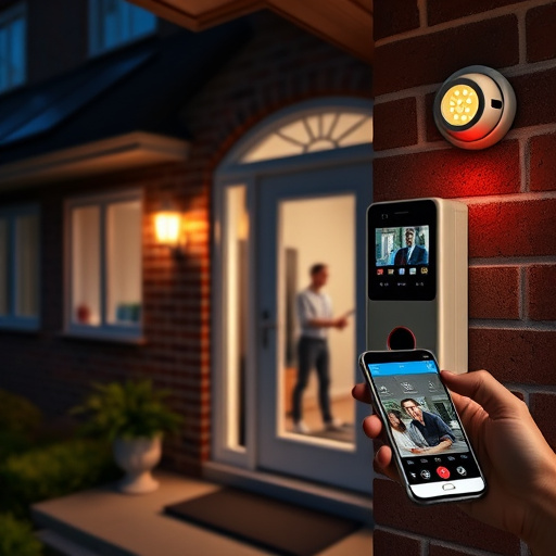 wireless doorbell with camera on brick home,home monitoring control room with multiple screens,doorbell camera recording visitor at night,sensor alert notification on homeowner’s phone,flashing red home security alert light at night