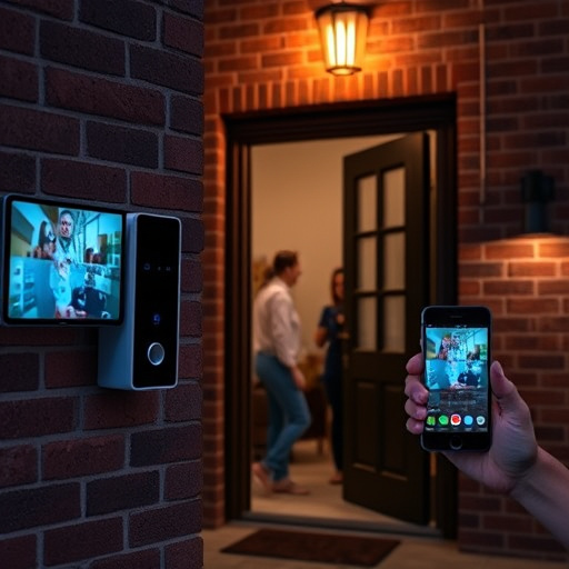 wireless doorbell with camera on brick home,home monitoring control room with multiple screens,doorbell camera recording visitor at night,sensor alert notification on homeowner’s phone,flashing red home security alert light at night