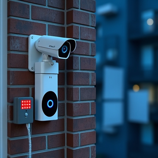 wireless doorbell with camera on brick home,ai security camera scanning for movement,flashing red home security alert light at night,security keypad on modern apartment wall,connected smart home with multiple sensors