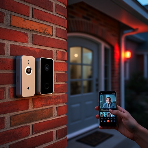 wireless doorbell with camera on brick home,home monitoring control room with multiple screens,doorbell camera recording visitor at night,sensor alert notification on homeowner’s phone,flashing red home security alert light at night