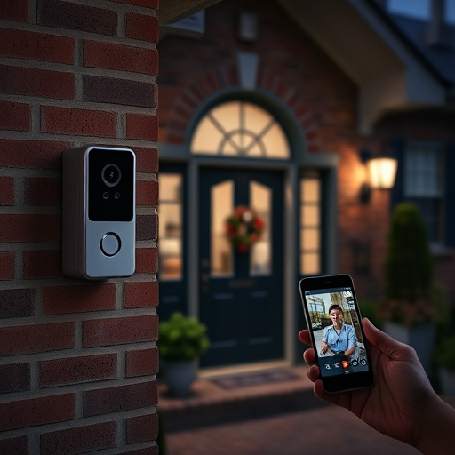 wireless doorbell with camera on brick home,home monitoring control room with multiple screens,doorbell camera recording visitor at night,sensor alert notification on homeowner’s phone,flashing red home security alert light at night