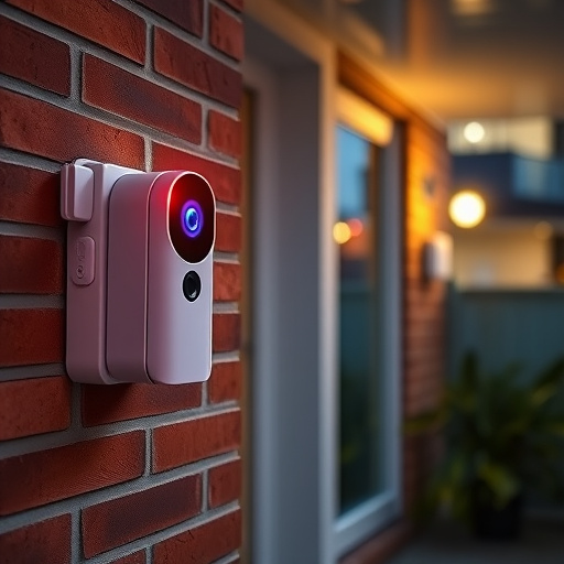 wireless doorbell with camera on brick home,ai security camera scanning for movement,flashing red home security alert light at night,security keypad on modern apartment wall,connected smart home with multiple sensors