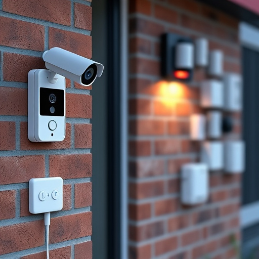 wireless doorbell with camera on brick home,ai security camera scanning for movement,flashing red home security alert light at night,security keypad on modern apartment wall,connected smart home with multiple sensors