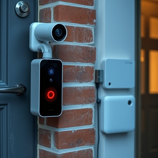 wireless doorbell with camera on brick home,ai security camera scanning for movement,flashing red home security alert light at night,security keypad on modern apartment wall,connected smart home with multiple sensors