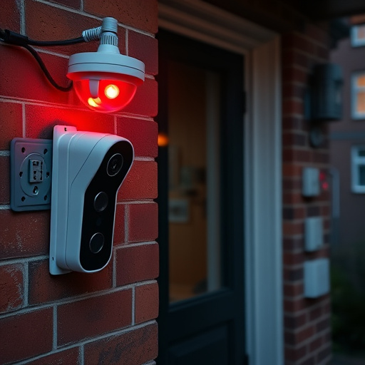wireless doorbell with camera on brick home,ai security camera scanning for movement,flashing red home security alert light at night,security keypad on modern apartment wall,connected smart home with multiple sensors