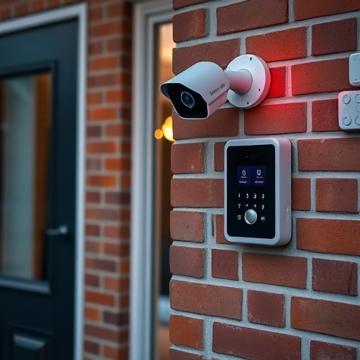 wireless doorbell with camera on brick home,ai security camera scanning for movement,flashing red home security alert light at night,security keypad on modern apartment wall,connected smart home with multiple sensors
