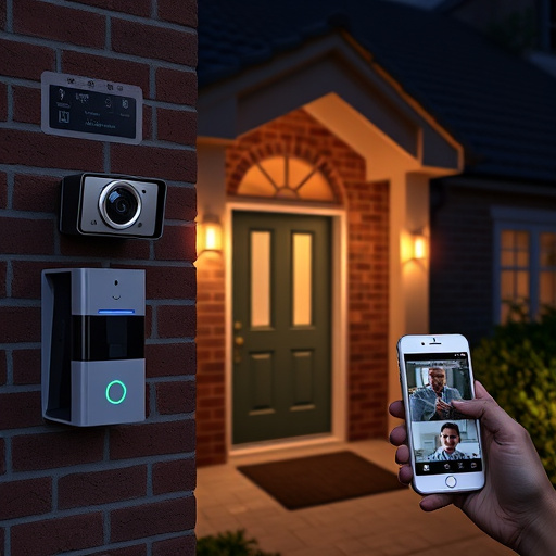 wireless doorbell with camera on brick home,home monitoring control room with multiple screens,doorbell camera recording visitor at night,sensor alert notification on homeowner’s phone,flashing red home security alert light at night