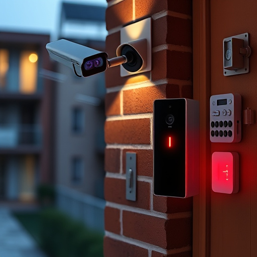 wireless doorbell with camera on brick home,ai security camera scanning for movement,flashing red home security alert light at night,security keypad on modern apartment wall,connected smart home with multiple sensors