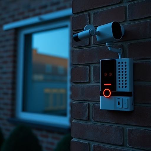 wireless doorbell with camera on brick home,ai security camera scanning for movement,flashing red home security alert light at night,security keypad on modern apartment wall,connected smart home with multiple sensors