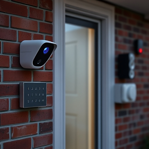 wireless doorbell with camera on brick home,ai security camera scanning for movement,flashing red home security alert light at night,security keypad on modern apartment wall,connected smart home with multiple sensors
