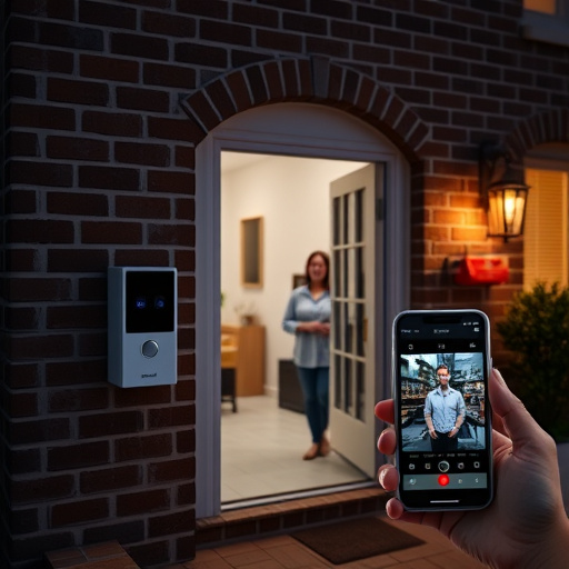 wireless doorbell with camera on brick home,home monitoring control room with multiple screens,doorbell camera recording visitor at night,sensor alert notification on homeowner’s phone,flashing red home security alert light at night