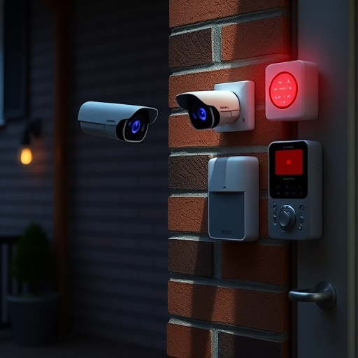 wireless doorbell with camera on brick home,ai security camera scanning for movement,flashing red home security alert light at night,security keypad on modern apartment wall,connected smart home with multiple sensors